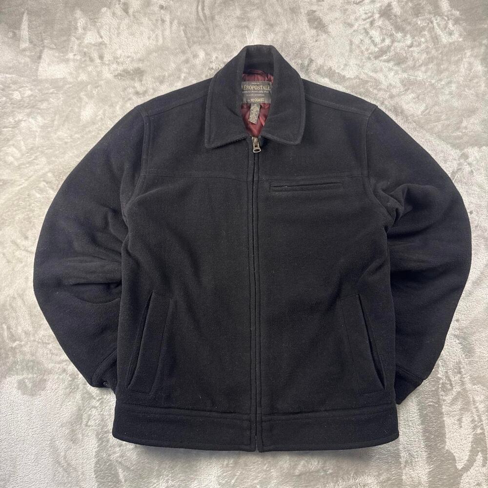 Aeropostale Wool Blend Jacket Mens Medium Black Harrington Full Zip Lined Coat